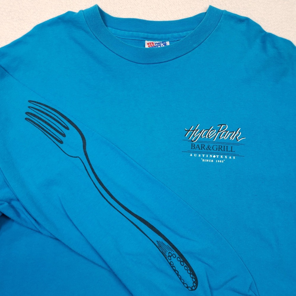 Hyde Park Bar and Grill Hanes T-Shirt Men XL Blue Austin‎ USA Made Vintage Fork